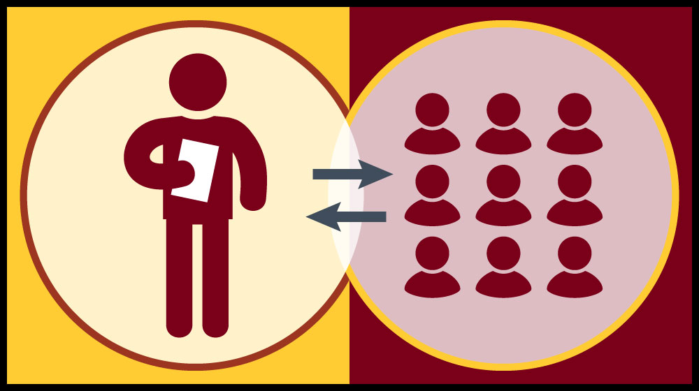 Circle with a figure representing a teacher next to another circle with figures representing students and two arrows going back and forth to represent communication