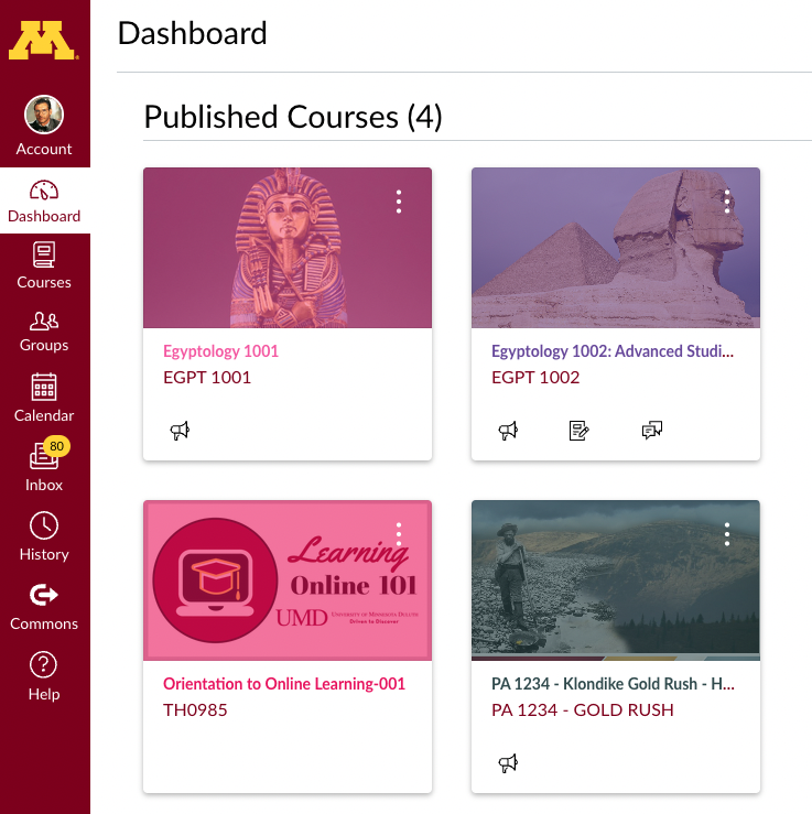 Canvas global navigation on left, Dashboard with example Canvas course cards in center